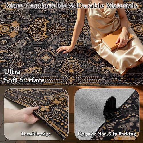 Ruaruarug Washable Area Rug 8×10 Ultra Soft for Living Room, Black and Gold - Image 2