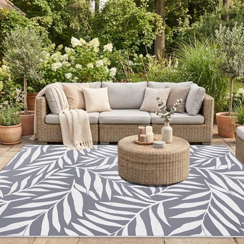 Smiry Outdoor Rug 5x8 ft Waterproof Reversible Leaf Mat, Grey & White - Image 5