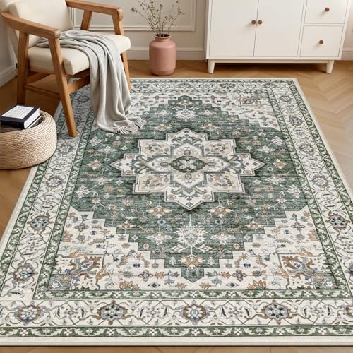 5x7 Area Rugs Living Room: Washable Rug for Bedroom Green Ivory - Image 3