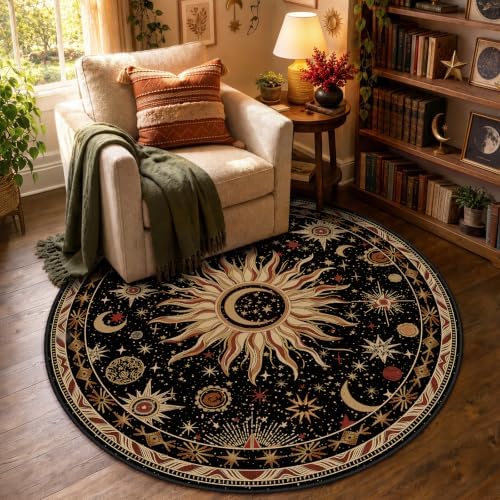 Vacuum-Friendly, Round 4ft Washable Area Rug, Black Gold Beige Red by meejou