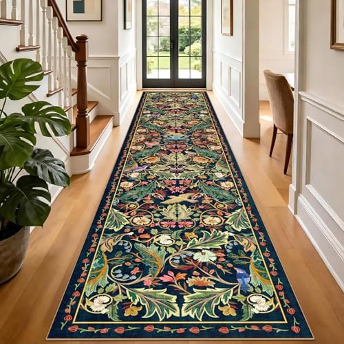 nesrt 3'x14' Washable Extra Long Boho Runner Rug, Soft Non-Slip Hallway Kitchen Carpet Runner, Thin Jungle Bird Indoor Decor Rug for Farmhouse, Living Room, Bedroom (Dark Green) by nesrt