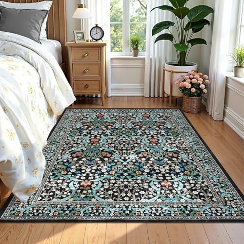 GarveeHome 4x6 Washable Area Rug for Living Room, Floral Large Entryway Kitchen Rug Non Slip, Ultra Soft Stain Resistance Carpet for Bedroom Laundry Room, Black - Image 3