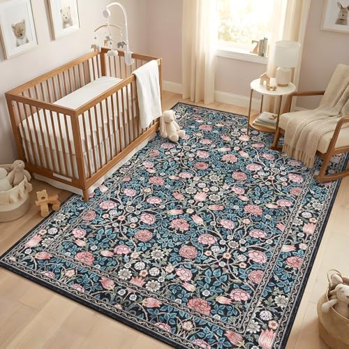 GarveeHome Blue Floral Washable Rug 5x7 for Bedroom Living Room - Image 3