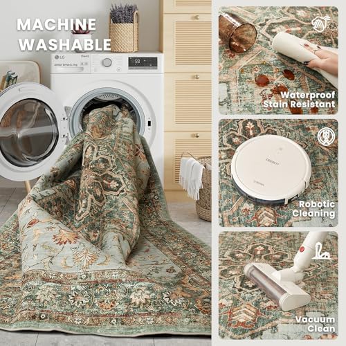9x12 Green Washable Area Rug for Living Room, Vintage Print - Image 4