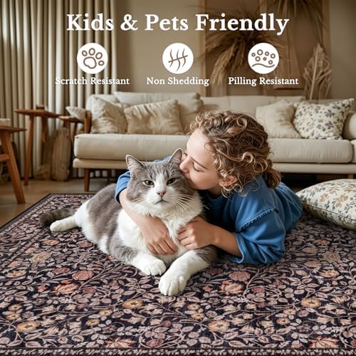 10x14 Area Rug Living Room: Soft Floral Washable Carpet Brown - Image 6