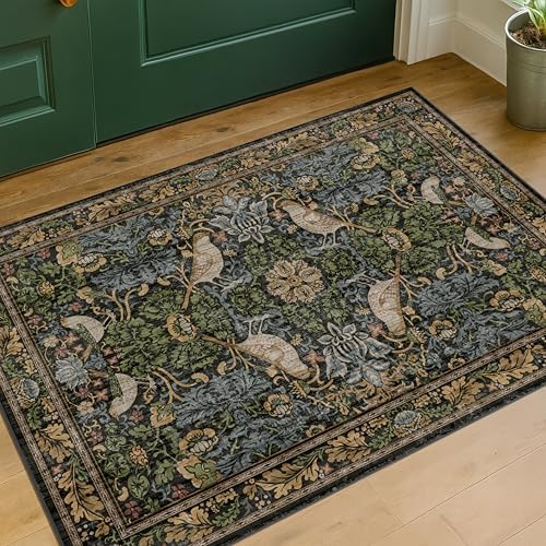 Hazo Haus Washable Dark Vintage Floral Rugs for Entryway - Small 2x3 Washable Rug for Kitchen Bathroom Door Mat Indoor Entrance with Bird & Botanical Pattern, Brown Earthy Tones, Non Slip Low Pile - Image 6
