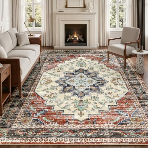 Area Rugs 8x10 Washable Non-Slip Large Boho Rug for Living Room, Taupe Red by tubeamin