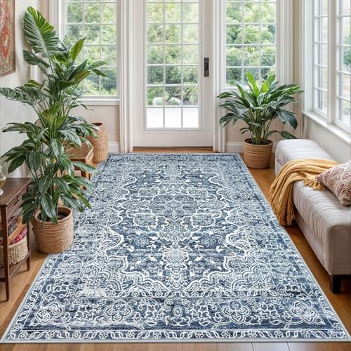 KUTA Floral Area Rug 4x6 Living Room Washable Rugs Vintage Blue White by KUTA