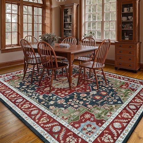 YJ.GWL Area Rugs for Living Room 8x10 Machine Washable Rugs, Non Slip Floral Vintage Rug Indoor Carpet, Stain Resistant Large Rug for Bedroom Dining Room, Red Green - Image 3