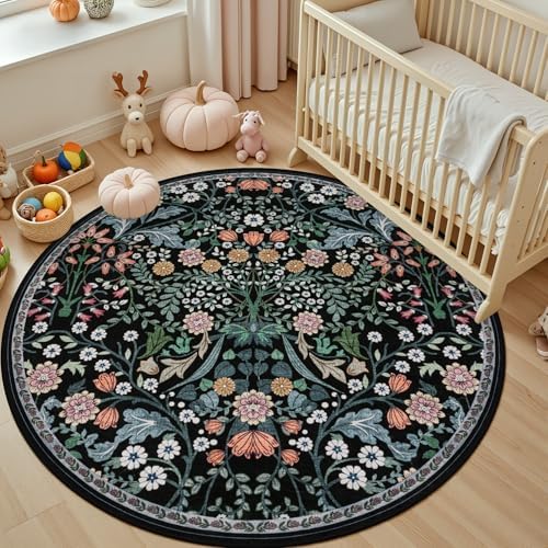 PLHXFR Round Area Rug Living Room: 4 ft Floral Washable Carpet Dark Black - Image 5