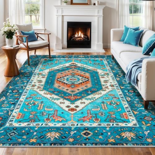 SERISSA 6x9 Washable Non Slip Boho Area Rug for Living Room，Blue by SERISSAHomeDecorCollection