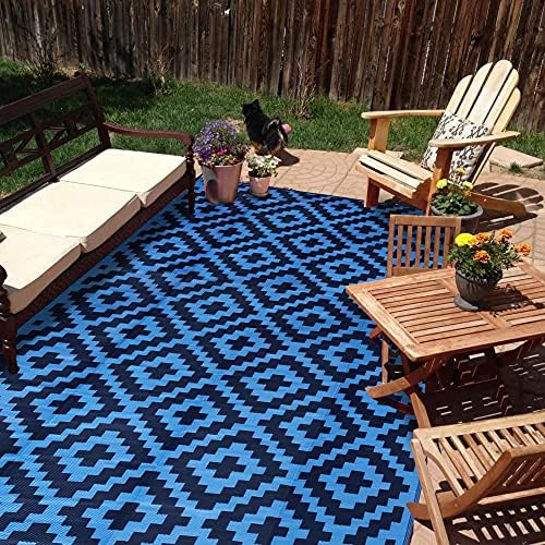 SAND MINE Waterproof Outdoor Rug 9x18 ft, Plastic Reversible Rug, Modern Area Rug, Large Floor Mat for Outdoors, RV, Patio, Backyard, Deck, Picnic, Beach, Camping, Blue by SANDMIND