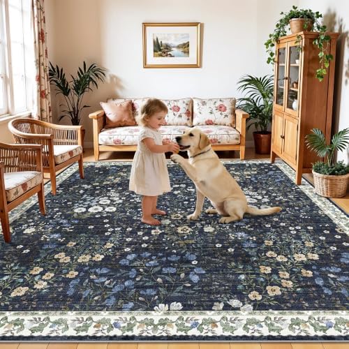 10x10 Square Area Rug Living Room: Boho Floral Washable Mat for Dining Room Bedroom Office High Traffic Area Soft Non Slip Low Pile Indoor Carpet for Vintage Farmhouse Home Decor (10ft Square, Blue) - Image 4