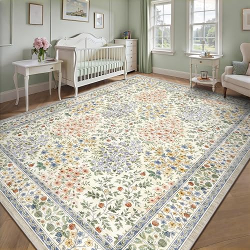 9x12 Area Rugs, Machine Washable Low Pile Floral Rugs for Living Room, Bedroom, Large Boho Area Rug with Non-Slip Backing for Dining Room(Beige Floral) - Image 4