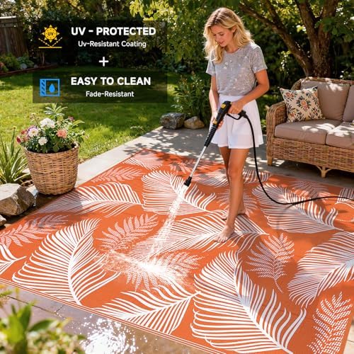 Pauwer Waterproof Outdoor Rug 9x12, Plastic Straw Patio Rug, Leaf Orange - Image 4