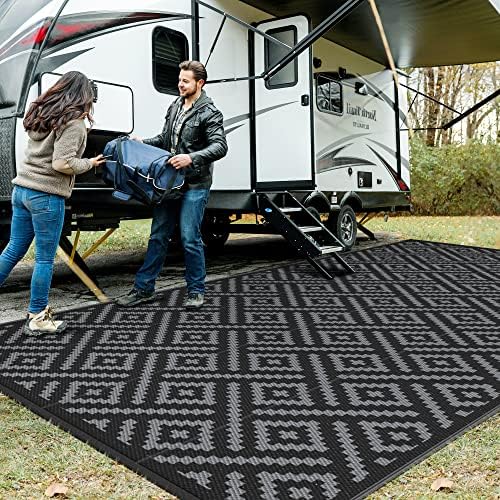 GENIMO Outdoor Rug, Waterproof Plastic Rugs 10'x20' for Camping Black Grey by GENIMO