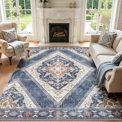 5x7Ft Boho Washable Area Rugs for Living Room, Blue/Multi Thin Bedroom Rugs Non Slip, Moroccan Soft Kids Nusery Area Floor Carpets for Dining Room Playroom Kitchen Home Office Decor by Geanlod