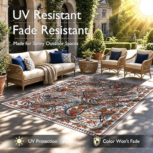 Arenarug Paisley Waterproof Outdoor Rug 5x8, UV Resistant, White Multi - Image 2