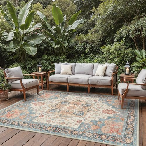 GENIMO Indoor Outdoor Rug, Washable for Patio and Deck, Peach Blue, 8x10 - Image 6
