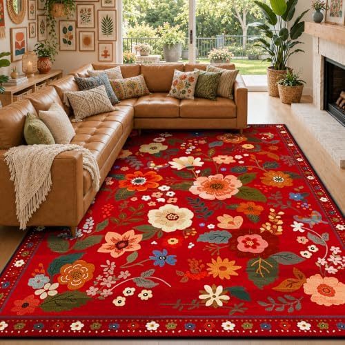 Floral Washable 8x10 Area Rugs Red/Orange by RELEANY