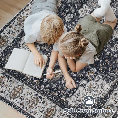 Area Rug 9x12 Washable Rug, Vintage Boho Medallion Rugs Non-Slip Soft Low Pile Large Distressed Rug Indoor Retro Carpet for Living Room Bedroom Dining Room Home Office (Vintage Black, 9'x12') - Image 4