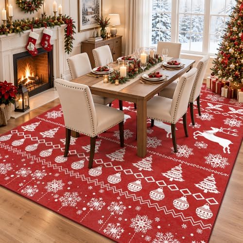 Christmas Red 5x7 Area Rugs for Living Room, Washable Rug Soft Non-Slip Low Pile Christmas Tree Elk Snowflake Carpet for Kitchen Bedroom Kids Nursery Holiday Throw Home Decor(Red Elk) - Image 5
