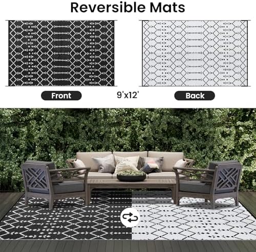 Smiry Outdoor Rug 9x12 ft Waterproof Reversible Boho Mat, Black - Image 3