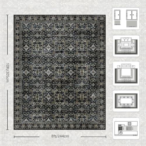 8x10 Area Rugs for Living Room - Washable Vintage Retro Large Rug, Soft Ultra Thin Non Slip Low Pile Traditional Distressed Boho Carpet for Bedroom Dining Room Home Office, Black Gold - Image 2
