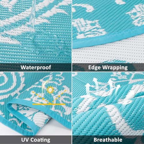 Pauwer Outdoor Rug 6ft, Waterproof Plastic Straw Camping Rug, Boho Teal - Image 3