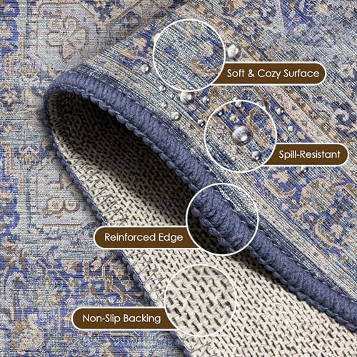 Washable Area Rug 8' x 10' Vintage Traditional Persian Mat - Foldable Distressed Non-Slip Machine Washable Carpet for Living Room Bedroom Kitchen Home Decor - Indigo and Gold - Image 6