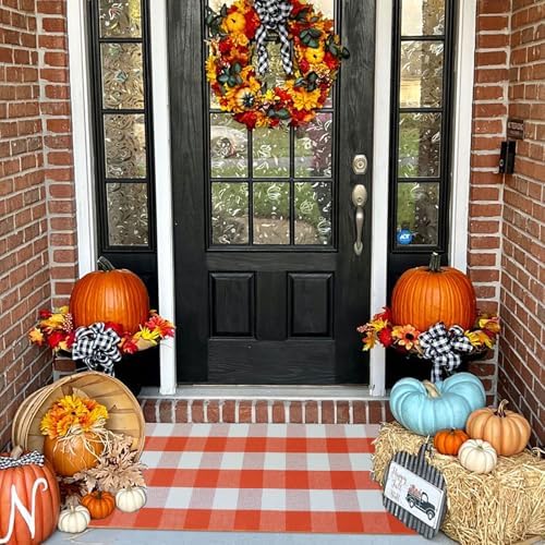 Buffalo Plaid Outdoor Rugs, 2'x4'3'' Orange and White Checkered Indoor/Outdoor Area Rug, Layering Rug for Hello/Welcome Door Mat, Washable Cotton Woven Farmhouse Mat for Fall Front Porch Décor - Image 2