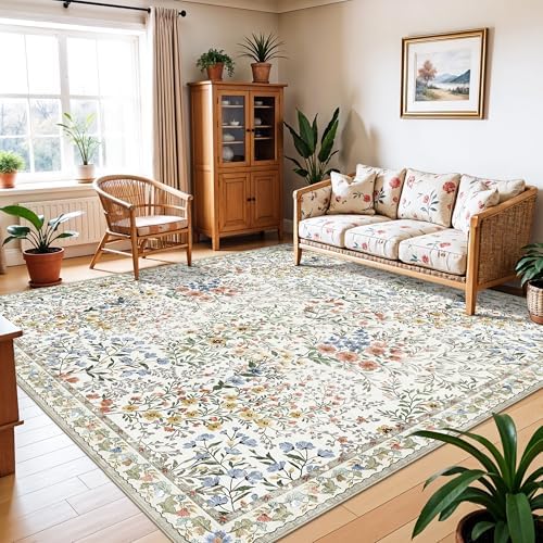 10x10 Square Area Rug Living Room: Boho Floral Washable Mat for Dining Room Bedroom Office High Traffic Area Soft Non Slip Low Pile Indoor Carpet for Vintage Farmhouse Home Decor (10ft Square, Beige) - Image 3