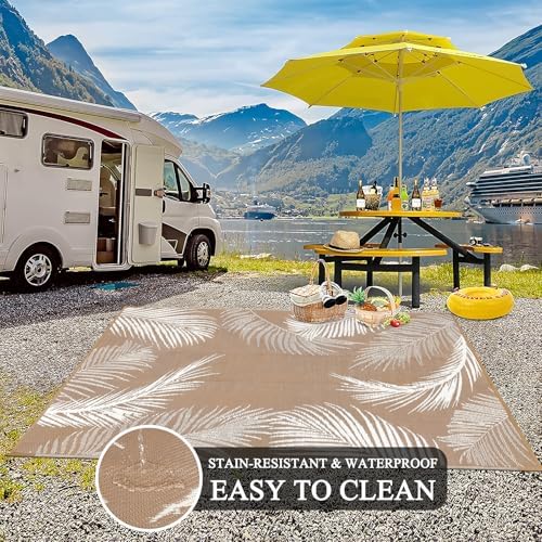 Pauwer Waterproof Outdoor Rug 5x8, Plastic Straw Patio Mat, Leaf Brown - Image 4