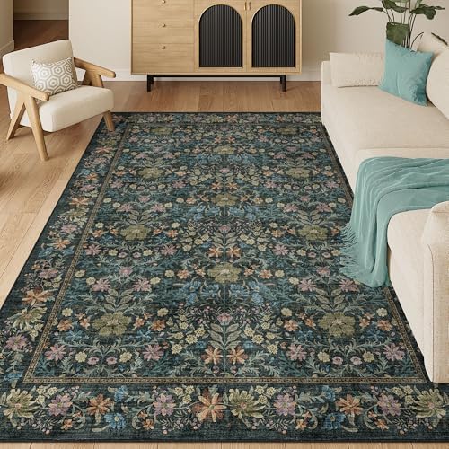 DUKINO 6x9 Area Rug, Vintage Floral Washable Rugs for Living Room, Blue by DUKINO
