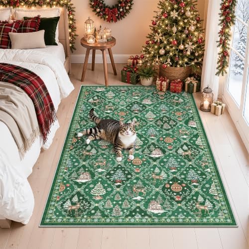 3x5 Christmas Non-Slip Area Rug, Green Washable Vintage Entryway Rug - Image 3