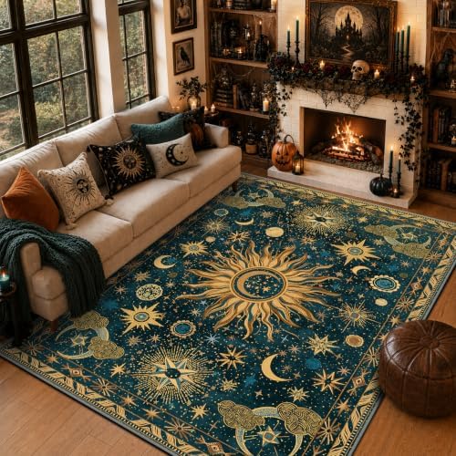 Vacuum-Friendly, 9x12 Washable Area Rug, Dark Blue Gold Gray by meejou