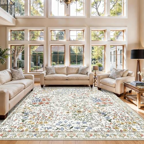 8x8 Square Area Rug Living Room, Non-Slip Floral Washable 8ft Square Rug Low Pile Thin Indoor Carpets for Dining Room Bedroom Office High Traffic Area Boho Vintage Home Decor (8ft Square, Beige) - Image 3