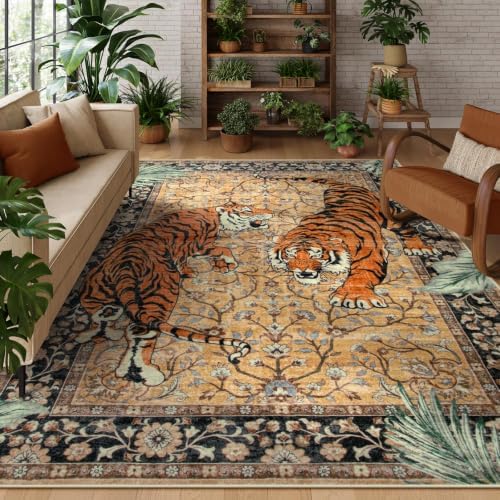 Moynesa Tiger 6x9 Rug, Washable Large Rugs for Living Room, Vintage Non Slip Boho Bedroom Area Rug, Ultra Thin Soft Indoor Floor Carpet for Dining Room Home Office, Camel by Moynesa