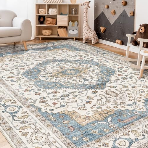 Area Rug for Living Room - 10x12 Soft Washable Oriental Vintage Floral Distressed Large Carpet - Fade Stain Resistant Non Slip Rugs for Bedroom Dining Room Nursery Dorm Office Home Decor - Blue/Beige - Image 6