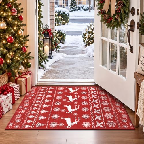 2x3 Christmas Holiday Area Rug, Washable Non‑Slip Low‑Pile Xmas Small Rug for Entryway Foyer Hallway Kitchen, Winter Indoor Christmas Home Decor(Red Sweater Deer) by Yarooge