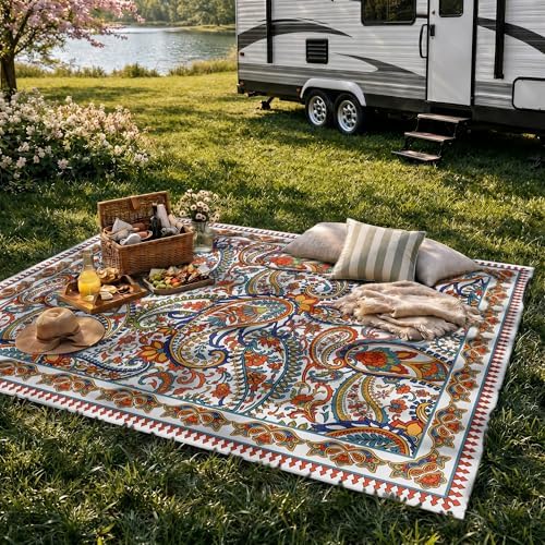 Arenarug Paisley Waterproof Outdoor Rug 5x8, UV Resistant, White Multi - Image 4