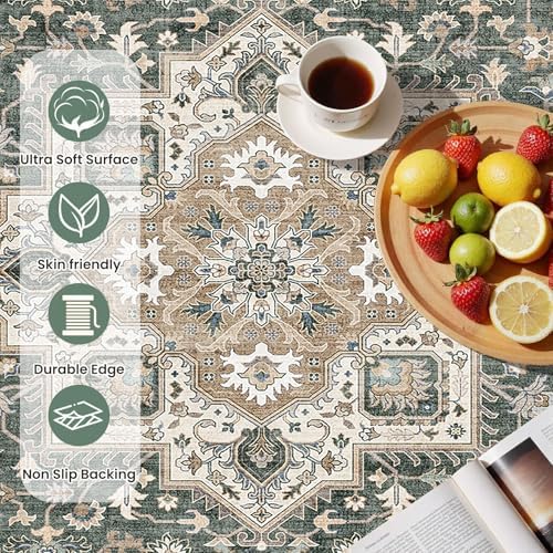 Vintage Entryway Area Rug 2x3 - Large Soft Washable Oriental Traditional Distressed Farmhouse Rugs for Bedroom - Indoor Floor Accent Carpet for Home Office House Decor - Vintage Green - Image 6