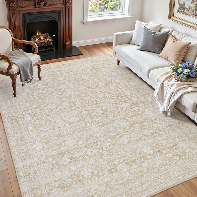 5x7 Area Rugs Living Room: Bedroom Washable Carpet Natural Beige - Image 3