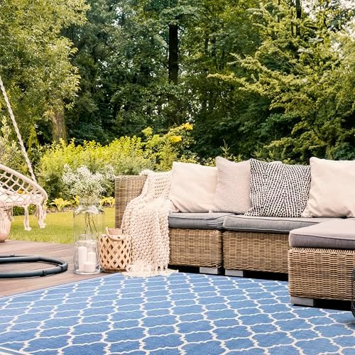 SAFAVIEH Washable Rug Outdoor Courtyard Collection - 6'7" x 9'6", Blue & Beige, Non-Shedding & Easy Cleaning, Ideal for Patio, Backyard, Mudroom (CY6918-243) - Image 6