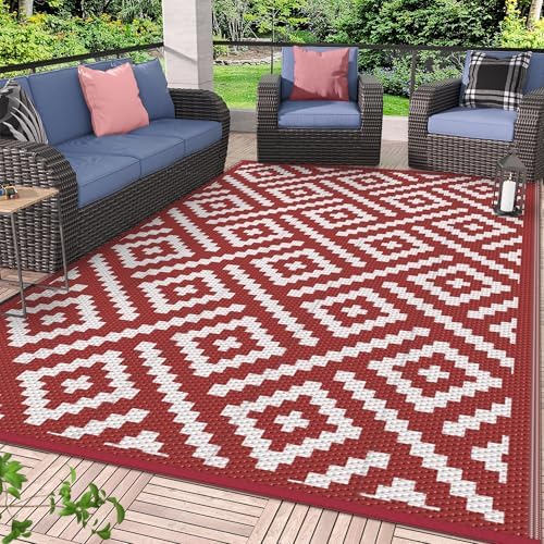 GENIMO Outdoor Rug, Waterproof Plastic Rugs for Patio, 8'x10' Red White - Image 5