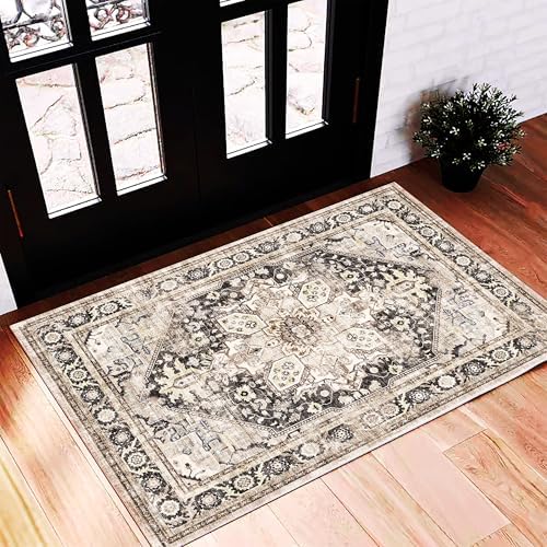 CHAMPLANT 2'x3' Black-Purple Khaki Area Rug Washable Door Mat Vintage Distressed Doormat Indoor Entrance Traditional Thin Floral Print Non Slip Carpet for Kitchen Bathroom Bedroom Living Room by CHAMPLANT