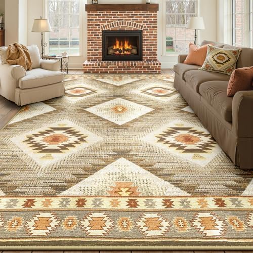 BESTSWEETIE Area Rug 9x12 Machine Washable Non-Slip Low Pile Print Pattern Western Rug for Living Room Bedroom Entryway Tribal Series - Cream/Camel by BESTSWEETIE