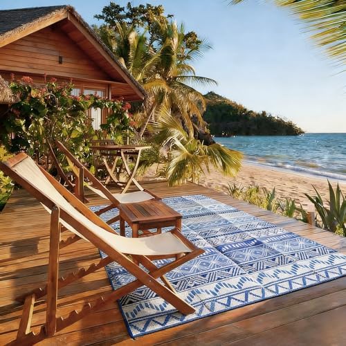 Outdoor Rug 6 x9 ft, Plastic Rug for Patio, Navy & White - Image 7