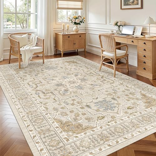 Madane 6x9 Area Rugs for Living Room, Vintage Washable Rug, Beige/Blue - Image 2