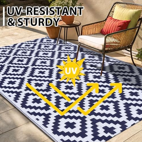Smiry Outdoor Rug 9x12 ft Waterproof Reversible Boho Mat, White & Navy - Image 5